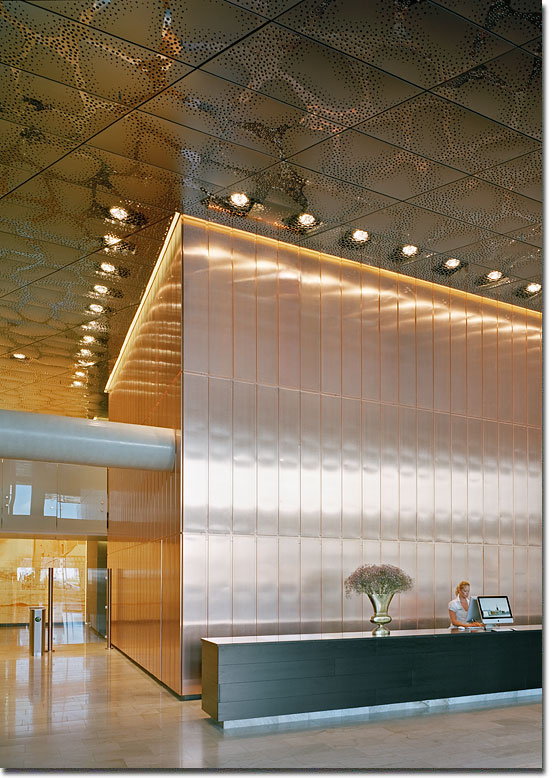 Waterfront Building in Stockholm, Office Block, Reception Hall, Ceiling, Stainless Steel (Photo Michael Perlmutter, 2010)