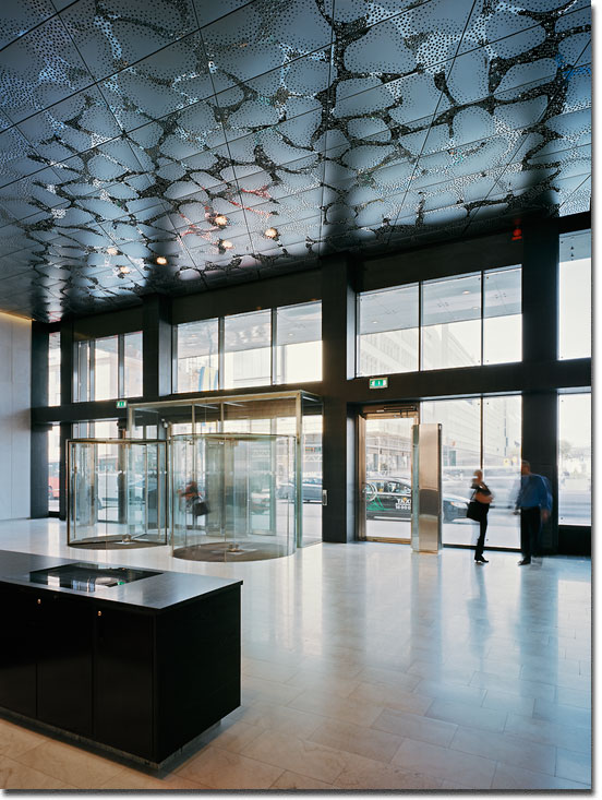 Waterfront Building in Stockholm, Office Block, Reception Hall, Ceiling, Stainless Steel (Photo Michael Perlmutter, 2010)