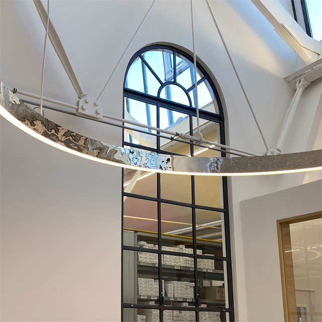Germany, Augsburg, Architectural Lighting Korona Leuchten, Circular Pendant Light, Product Line EXYD-M, Photo EXYD, 2019