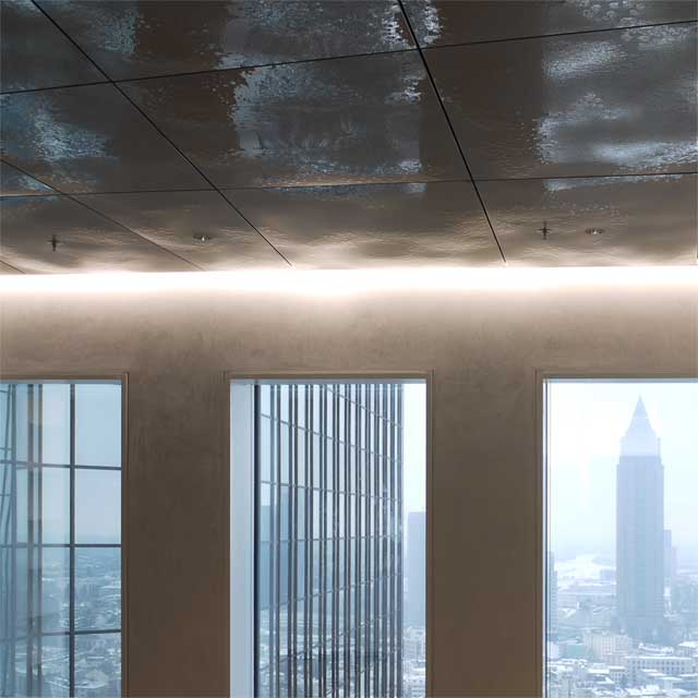 Germany, Frankfurt, Twin Towers, Client Deutsche Bank, Design Bellini, Ceiling Of The Top Five Stories of The North Tower, Ceiling System LINDNER, Ceiling Panels EXYD-F, Photo EXYD, 2011
