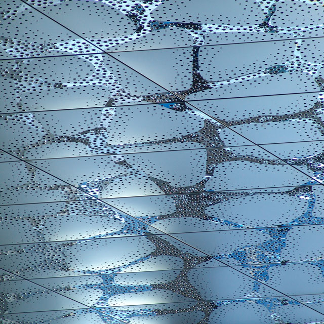 Stockholm, Waterfront Building, Reception Hall, Close-Up View of the Ceiling, Panels Type EXYD-F with Pattern Perforation, Photo EXYD