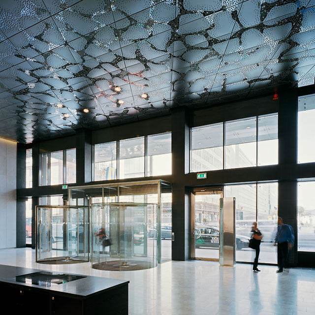 Stockholm, Waterfront Building, Reception Hall, Reception Hall, Grid Ceiling, Panels Type EXYD-F with Pattern Perforation, Photo Michael Perlmutter