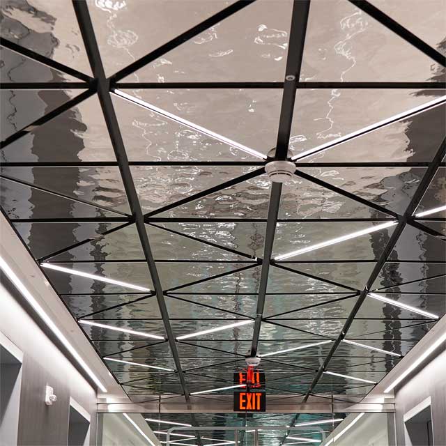 USA, NY, White Plains, Office Building, Elevator Lobby, Ceiling System LINDNER, Ceiling Panels EXYD-M, Photo EXYD