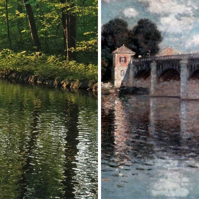 Left: Reflection of Slightly Rippled Water, Photo EXYD. Right: Detail of 'The Bridge at Argenteuil', Claude Monet, 1874 (c) Bildarchiv Foto Marburg.