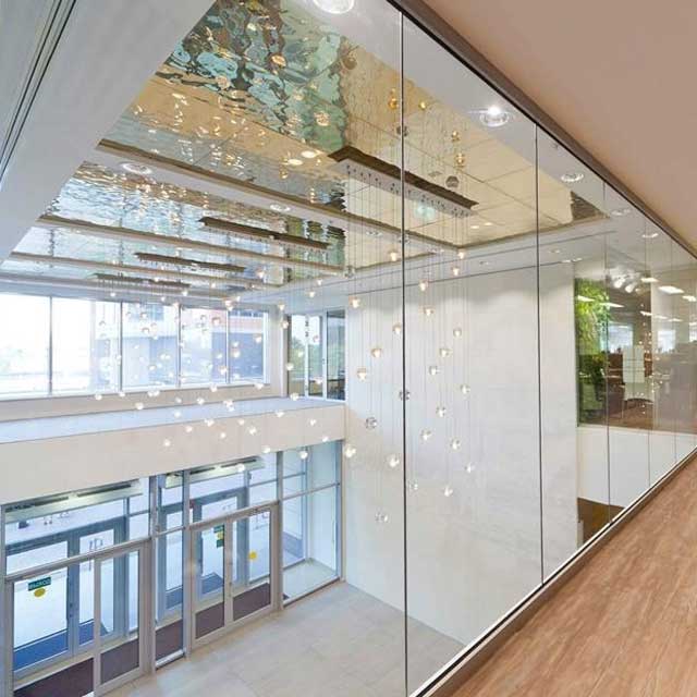 Russia, Moscow, Raiffeisen Bank in Nagatino, Champagne Colored Grid Ceiling, Ceiling System LINDNER, Panels EXYD