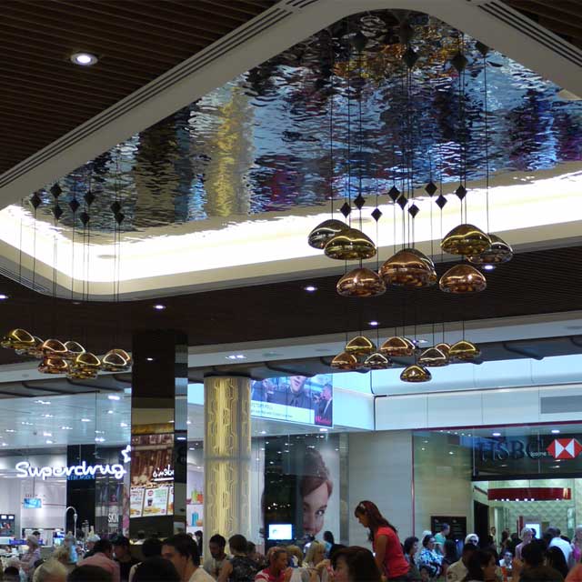 Westfield Stratford City, Lower Ground Floor, Food Court, Stainless Steel Ceiling Type EXYD-M, Pendant Lights Tom Dixon, Photo EXYD, 2011